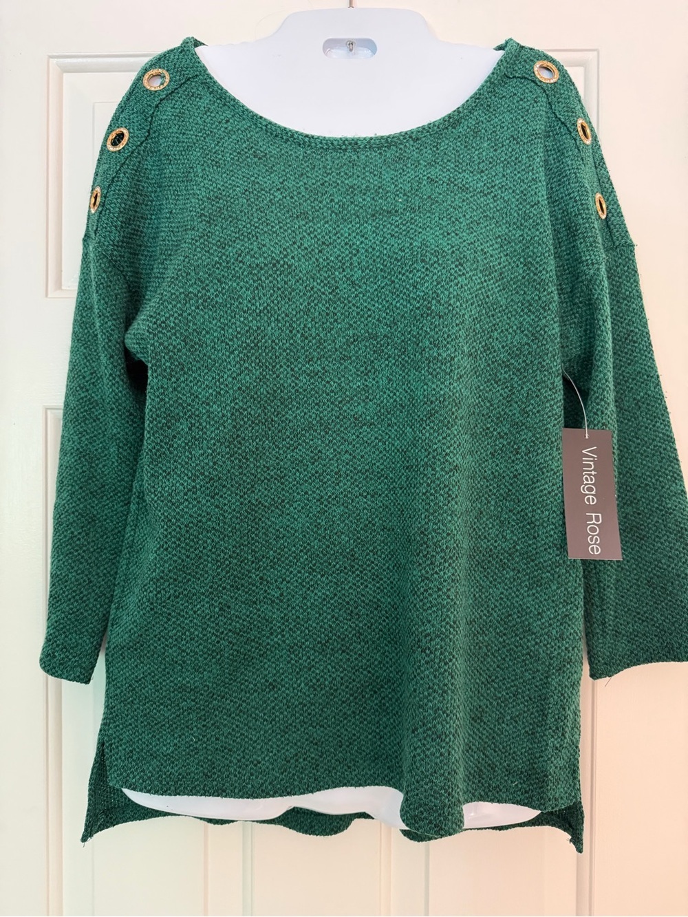 Vintage Rose NWT Green Knit Sweater Gold Embellished Shoulder Size S